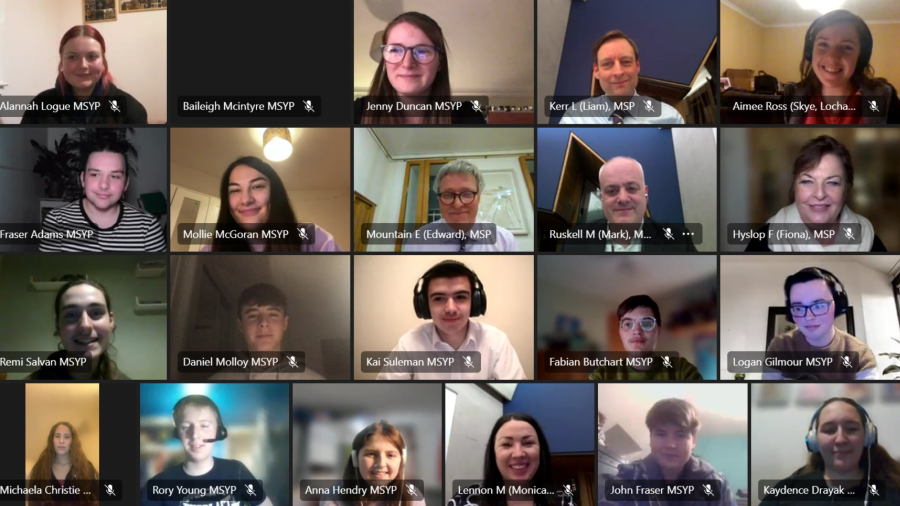 Screenshot of an online meeting with MSYPs from the Scottish Youth Parliament's Transport, Environment and Rural Affairs Committee and MSPs from the Scottish Parliament's Net Zero, Energy and Transport Committee